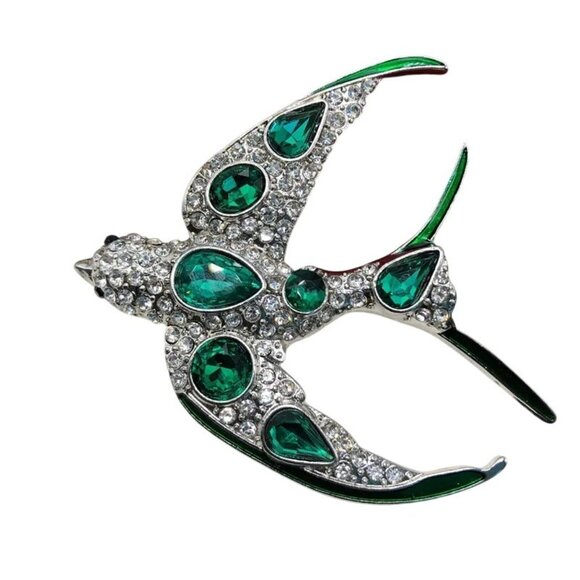 Green Clear Glass Rhinestone Silver Plated Bird Brooch Pin Vintage Style - Picture 1 of 3